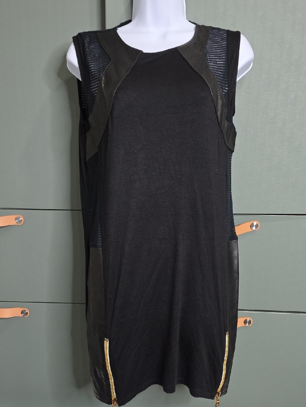 743. House of Eleven Mixed Media Leather Mesh Shift Dress Black Medium